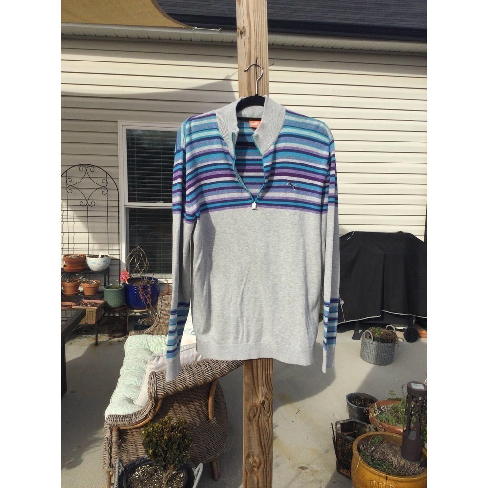 NEW Puma Womens Quarter Zip Sweater Size‎ Large NEW Grey Purple Striped Preppy